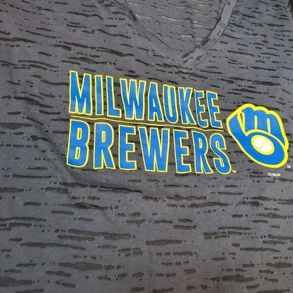 Milwaukee Brewers sheer distressed v-neck tee, Genuine MLB Merch / Women's Large - Picture 2 of 4